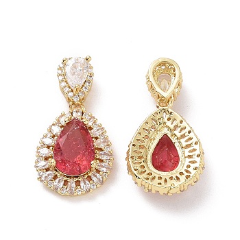 Brass Micro Pave Cubic Zirconia Pendants, Teardrop Charms, Golden, Red, 18x13x5mm, Hole: 1.5x3mm