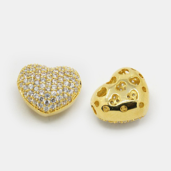 Hollow Heart Brass Cubic Zirconia Beads, Golden, 12x13.5x8mm, Hole: 1mm