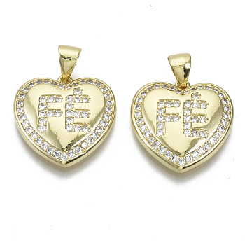 Brass Micro Pave Cubic Zirconia Pendants, with Snap on Bail, Nickel Free, Heart with Letter, Clear, Real 18K Gold Plated, 17x17x3.5mm, Hole: 4.5x3.5mm
