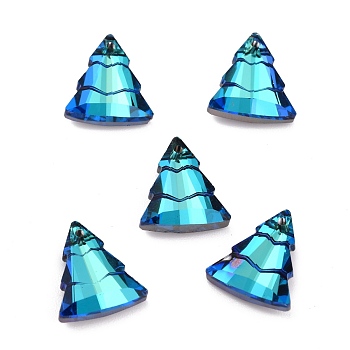 Glass Rhinestone Pendants, Bottom Plated, Christmas Tree, Bermuda Blue, 15x13.5x5mm, Hole: 1.2mm