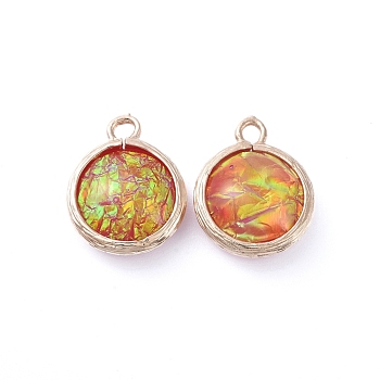 Resin Pendants, with Brass Findings, Flat Round, Light Gold, Crimson, 19.5~20x16x7~7.5mm, Hole: 1mm