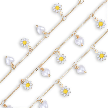 Handmade Golden Brass Bar Link Chains, with Enamel Flower & Natural Pearl Heart Charms, Unwelded, with Spool, Nickel Free, Yellow, 4x2x0.5mm, about 16.40 Feet(5m)/Roll