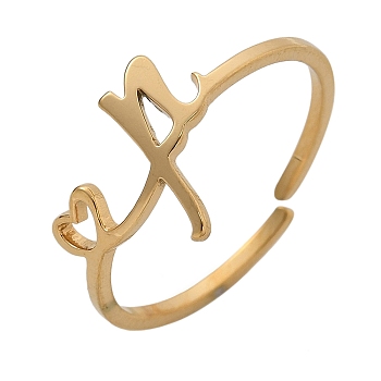 304 Stainless Steel Cuff Rings for Women, Heart with LetterA~Z, Real 18K Gold Plated, Letter P, 9.5mm, inner diameter: adjustable.