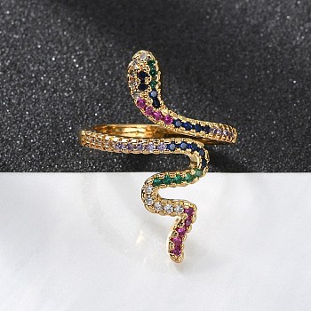 Brass Micro Pave Cubic Zirconia Cuff Rings, Open Rings, Snake, Colorful, Size 6, 16mm