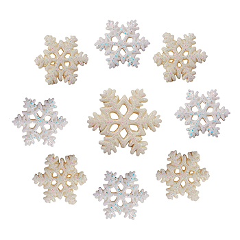 Resin Opaque Cabochons, with Glitter Powder, Christmas, Snowflake, Beige and Snow, Mixed Color, 19~27.5x18~25mm, Thick: 3~4mm, 10pc/size, Total 30pcs/bag