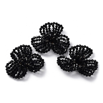 Glass Beaded Cabochons, Cluster Beads, with Golden Plated Brass Perforated Disc Settings, Flower, Black, 14x40x34mm