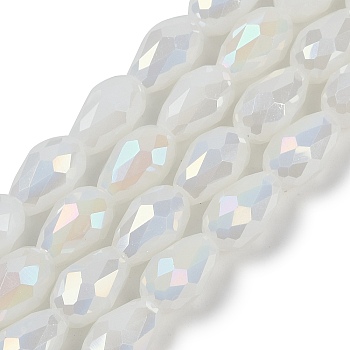 Opaque Solid Color Electroplate Glass Beads Strands, AB Color Plated, Faceted, Teardrop, White, 6x4mm, Hole: 0.9mm, about 65~67pcs/strand, 15.35~16.14 inch(39~41cm)