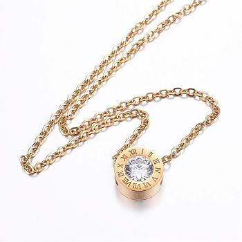 304 Stainless Steel Cubic Zirconia Pendant Necklaces, Flat Round, Golden, 19.6 inch(50cm)