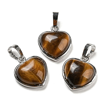 Natural Tiger Eye Pendants, Heart Charms with Platinum Plated Brass Snap on Bails, 20.5x17.5x7mm, Hole: 4x8mm