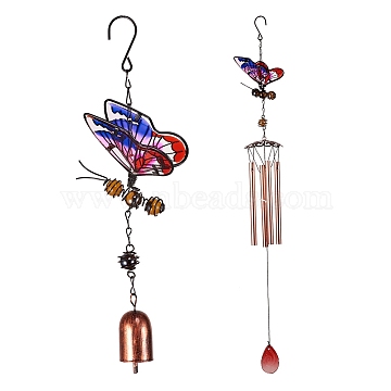 Elecrelive 2Pcs 2 Style Iron 3D Butterfly Wind Chime Pendant Decorations, with Glass, Mixed Color, 1pc/style(HJEW-EL0001-07)