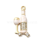 Brass Micro Pave Cubic Zirconia Pendants, Wine Bottles and Glasses, with Enamel, Long-Lasting Plated, Rack Plating, Lead Free & Cadmium Free, Real 18K Gold Plated, White, 26.5x14x3.5mm, Hole: 1.8mm(KK-H089-30G-01)