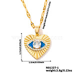 Chic Minimalist Brass Blue Enamel Evil Eye Heart Pendant Dapped Chain Necklace for Women, Golden, 15.75 inch(40cm)(YW3524-1)