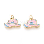 Brass & Enamel Pendants, Hat Charms, Real 16K Gold Plated, Pink, 11.5x17.5x2.5mm, Hole: 3mm, Jump Ring: 5x0.8mm, 3mm inner diameter(KK-T080-71G-01)