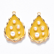 Brass Enamel Pendants, with ABS Plastic Imitation Pearl, Nickel Free, Teardrop, Real 18K Gold Plated, Yellow, 21x13.5x4mm, Hole: 1mm(KK-T049-053G-05-NF)
