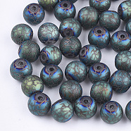 Electroplate Glass Beads, Frosted, Round with Pattern, Cadet Blue, 8~8.5mm, Hole: 1.5mm(X-EGLA-S178-03B)