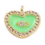 Golden Plated Brass Micro Pave Clear Cubic Zirconia Charms, with Enamel, Long-Lasting Plated, Heart with Eye, Lawn Green, 11x11.5x2.5mm, Hole: 1.2mm(ZIRC-L097-033A-G)
