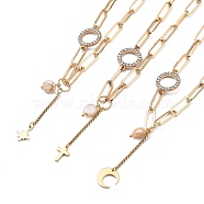 Star & Moon & Cross Brass Lariat Necklaces Sets, with Iron Paperclip Chains, Alloy Rhinestone Links, Natural Keshi Pearl Beads and 304 Stainless Steel Toggle Clasps, Golden, 18.90 inch(48cm), 3pc/set(NJEW-JN03041)