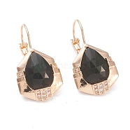 Natural Obsidian Leverback Earrings, with Golden Plated Brass Findings and Clear Cubic Zirconia, Faceted, Teardrop, 32mm, Pin: 0.9mm, Pendants: 20x16.5x5mm(EJEW-I247-01C)