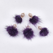 Faux Mink Fur Tassel Pendant Decorations, with ABS Plastic Imitation Pearl and Iron Findings, Light Gold, Purple, 29~34x9~9.5mm, Hole: 2mm(X-FIND-T050-19)
