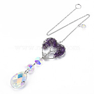 Natural Amethyst Big Pendants, with Platinum Brass Chain Extender and Findings, Plating Glass Teardrop & Flower, Clear AB Color, Heart with Tree of Life, 130mm, Hole: 4mm(G-N333-008J)
