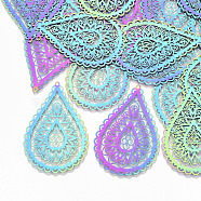 Ion Plating(IP) 201 Stainless Steel Filigree Big Pendants, Etched Metal Embellishments, Teardrop, Rainbow Color, 54x35x0.3mm, Hole: 1.4mm(X-STAS-S108-92)