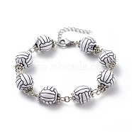 Sport Ball Theme Acrylic Round Beaded Bracelet, 304 Stainless Steel Jewelry for Men Women, Platinum, Volleyball Pattern, 7-1/4 inch(18.5cm)(BJEW-JB08660-01)