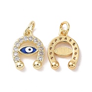 Rack Plating Brass Micro Pave Clear Cubic Zirconia Charms, with Jump Ring and Enamel, Cadmium Free & Lead Free, Long-Lasting Plated, Horseshoe with Evil Eye, Real 18K Gold Plated, 13x10x2mm, Jump Ring: 5x1mm, Inner Diameter: 3mm(ZIRC-C042-05G)