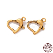925 Sterling Silver Lobster Claw Clasps, Heart, Antique Golden, 10x11.5x3.5mm, Hole: 1.2mm, Inner Diameter: 5.5X6.5mm(STER-D036-01AG)