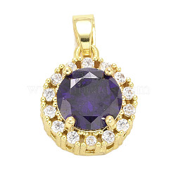 Brass Micro Pave Cubic Zirconia Pendants, Long-Lasting Plated, Real 18K Gold Plated, Flat Round, Indigo, 14x12x6mm, Hole: 5x2.5mm(KK-E277-02G)