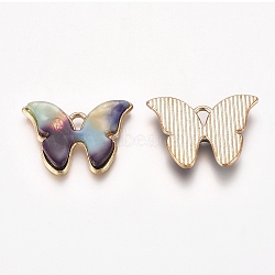 Light Gold Plated Alloy Pendants, with Acrylic, Butterfly, Colorful, 15.5x22x2.7mm, Hole: 1.8x3mm, 10pcs/bag(PALLOY-CJC0001-24C)