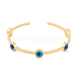 Evil Eye Brass Enamel Open Cuff Bangles for Women, Real 18K Gold Platend, Dark Blue, Inner Diameter: 2-1/8 inch(5.3~5.5cm), 3~8mm(BJEW-S147-08G-02)