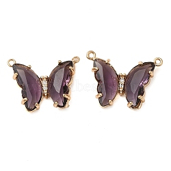 Brass Pave Faceted Glass Connector Charms, Golden Tone Butterfly Links, Purple, 17.5x23x5mm, Hole: 0.9mm(FIND-Z020-03V)