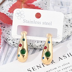 304 Stainless Steel Glass Stud Earrings, Ion Plating(IP), Teardrop, Golden, 29.5x11.5mm(EJEW-M070-17G-02)