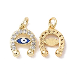 Rack Plating Brass Micro Pave Clear Cubic Zirconia Charms, with Jump Ring and Enamel, Cadmium Free & Lead Free, Long-Lasting Plated, Horseshoe with Evil Eye, Real 18K Gold Plated, 13x10x2mm, Jump Ring: 5x1mm, Inner Diameter: 3mm(ZIRC-C042-05G)