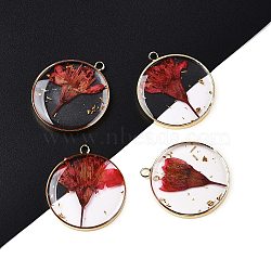 Transparent Clear Epoxy Resin Pendants, with Edge Golden Plated Brass Loops and Gold Foil, Flat Round Charms with Inner Flower, Misty Rose, 33.8x30x4mm, Hole: 2.5mm(RESI-L036-12G-05)