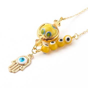 Alloy Enamel Hamsa Hand with Evil Eye Pendant Necklaces, with Lampwork Beads and Brass Cable Chains, Golden, Yellow, 17.91 inch(45.5cm)