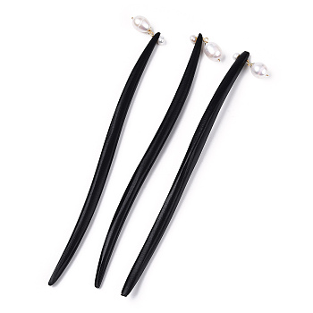 Natural Pearl Hair Sticks, Schima Wood Hairpin for Girl Hanfu Hair Accessories Decoration, Dyed, Black, 170x7~10x6~7mm, Pendant: 15~18x9.5~10mm