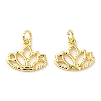 Rack Plating Brass Pendants,  with Jump Ring, Lead Free & Cadmium Free, Long-Lasting Plated, Lotus Charm, Real 18K Gold Plated, 13x15x0.5mm, Hole: 3mm