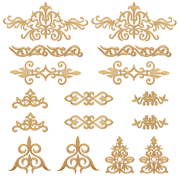 16Pcs 8 Style Polyester Computerized Embroidery Iron on/Sew on Patches, Ethnic Style Metallic Thread Embroidery Appliques, with Adhesive Back, Floral Pattern, 29~90x68~198x1mm, 2pcs/style
