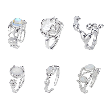 6Pcs 6 Styles Synthetic Moonstone & Cat Eye Open Cuff Rings Set, Brass Jewelry for Women, Platinum, Inner Diameter: 15.5~18mm, 1Pc/style