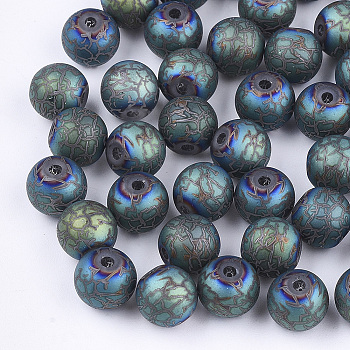 Electroplate Glass Beads, Frosted, Round with Pattern, Cadet Blue, 8~8.5mm, Hole: 1.5mm