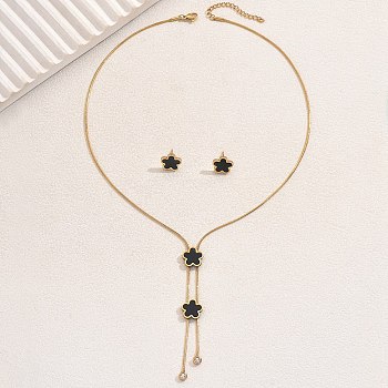Stainless Steel Shell Heart Flower Fan Tassel Jewelry Set for Women, Lariat Necklaces & Stud Earrings Sets, Flower