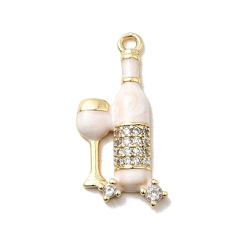 Brass Micro Pave Cubic Zirconia Pendants, Wine Bottles and Glasses, with Enamel, Long-Lasting Plated, Rack Plating, Lead Free & Cadmium Free, Real 18K Gold Plated, White, 26.5x14x3.5mm, Hole: 1.8mm