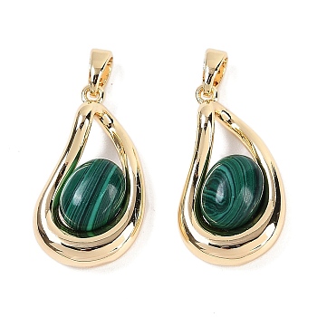 Synthetic Malachite Teardrop Pendants, Brass Drop Charms, Real 18K Gold Plated, 22.5x12.5x6.5mm, Hole: 4x2.5mm