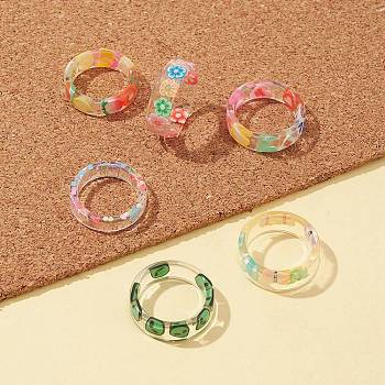 6Pcs 6 Styles Resin Stackable Finger Rings Set for Women, Flower & Alien & Butterfly & Fruit & Love Heart, Mixed Color, US Size 5 3/4~6 3/4(16.3~17.1mm), 1Pc/style
