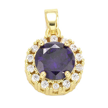 Brass Micro Pave Cubic Zirconia Pendants, Long-Lasting Plated, Real 18K Gold Plated, Flat Round, Indigo, 14x12x6mm, Hole: 5x2.5mm