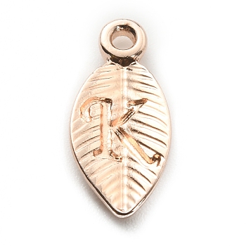 Alloy Pendants, Leaf with Letter Charm, Rose Gold, Letter.K, 15.5x7.5x2.5mm, Hole: 1.5mm