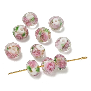 Handmade Gold Sand Lampwork Beads, Inner Flower, Faceted, Rondelle, White, about 8mm in diameter, 6mm thick, hole: 1.5mm