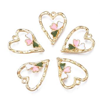 Alloy Enamel Pendants, Cadmium Free & Lead Free, Heart with Flower, Light Gold, Colorful, 19.5x15.5x3.5mm, Hole: 1.5mm