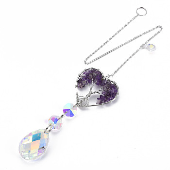 Natural Amethyst Big Pendants, with Platinum Brass Chain Extender and Findings, Plating Glass Teardrop & Flower, Clear AB Color, Heart with Tree of Life, 130mm, Hole: 4mm